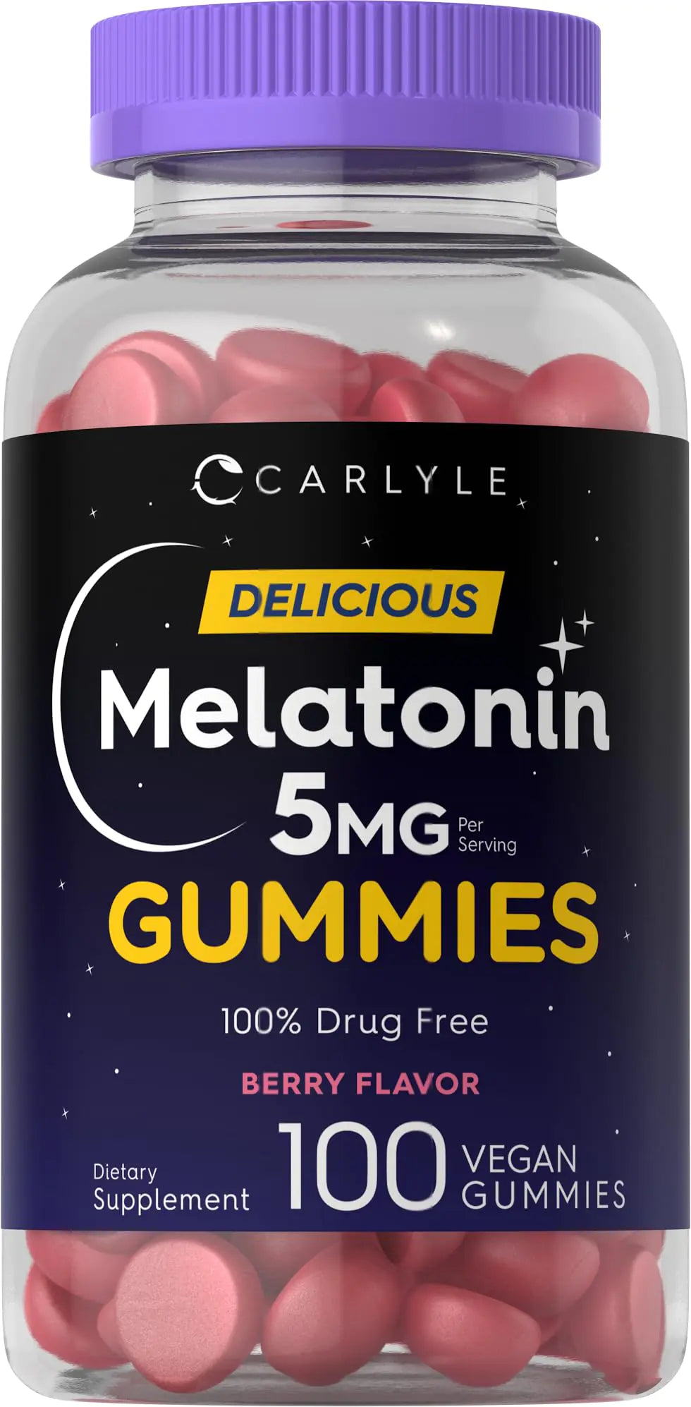 Carlyle Melatonin 5mg Gummies | 100 Count | Berry Flavor | 100% Drug Free | Non-GMO Gluten Free Supplement