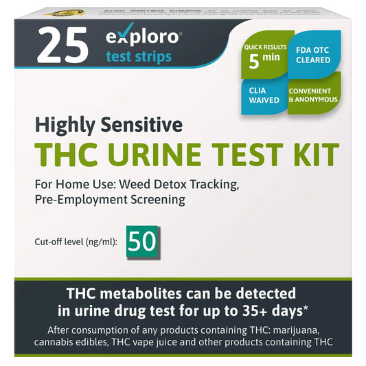 Exploro Highly Sensitive at Home Marijuana Drug Test Kit THC Drug Test Kit Marijuana/Weed THC Drug Test Urine Easy Home Drug Test Marijuana/THC Substance Abuse 25 THC Test Strips/Sticks 50 ng/ml