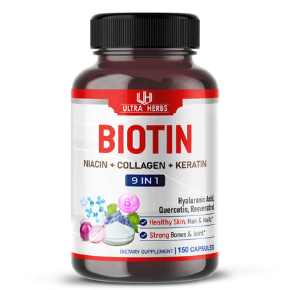 Biotin and Colagen Keratin HA Niacin Quercetin - 9 IN 1 Hair Growth Support Skin & Nails Beauty Supplement 14519mg | 150 Capsules