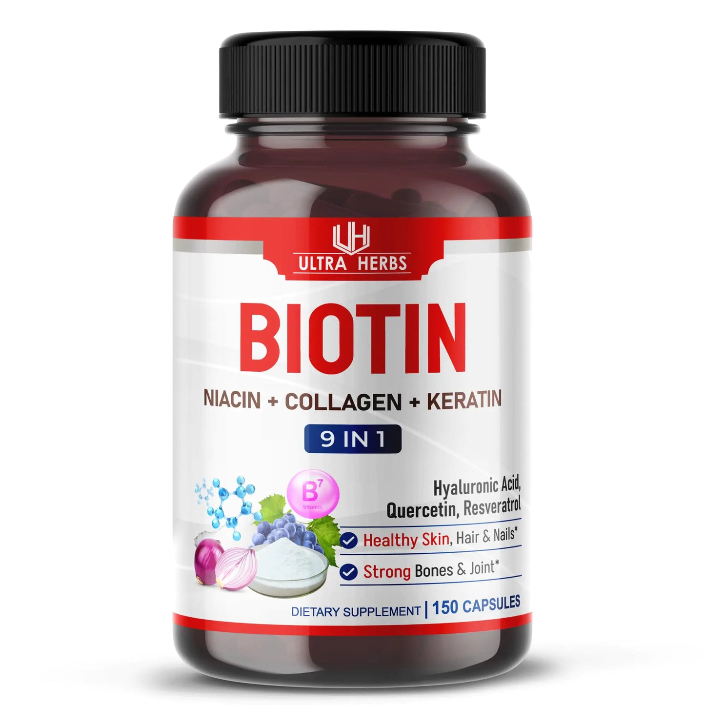 Biotin and Colagen Keratin HA Niacin Quercetin - 9 IN 1 Hair Growth Support Skin & Nails Beauty Supplement 14519mg | 150 Capsules